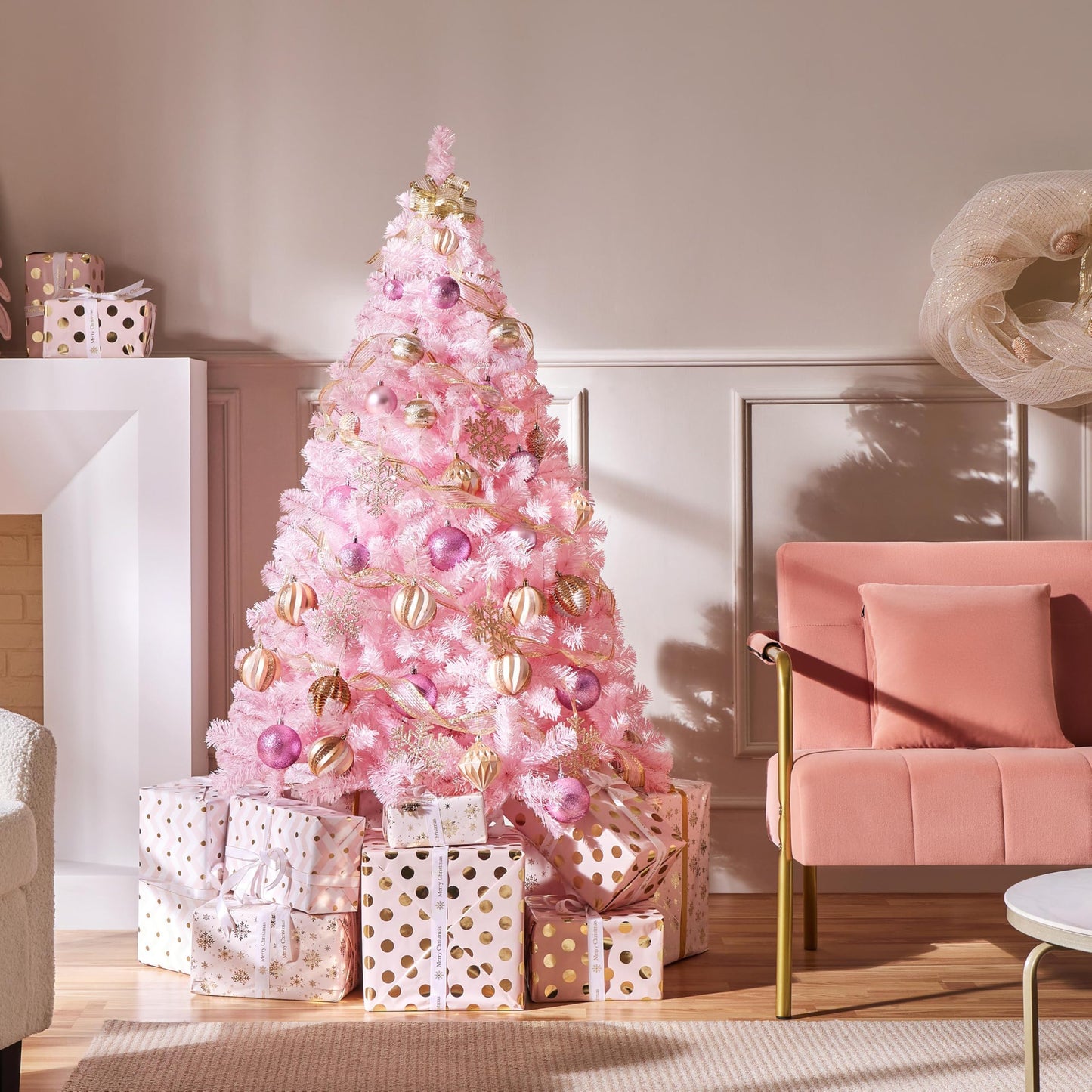 Yaheetech 154cm Artificial Christmas Tree Pink, Fir Tree with 398 Tips & Foldable Metal Stand Reusable Christmas Tree Artificial Tree for Christmas Decoration.