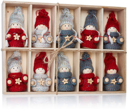BRUBAKER 10-piece Set Christmas Elves made of wood and fabric - Tree ornaments Christmas decorations - 8 cm in gift box