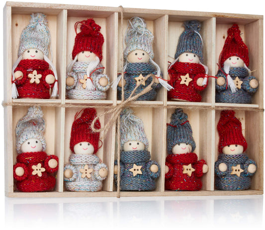 BRUBAKER 10-piece Set Christmas Elves made of wood and fabric - Tree ornaments Christmas decorations - 8 cm in gift box