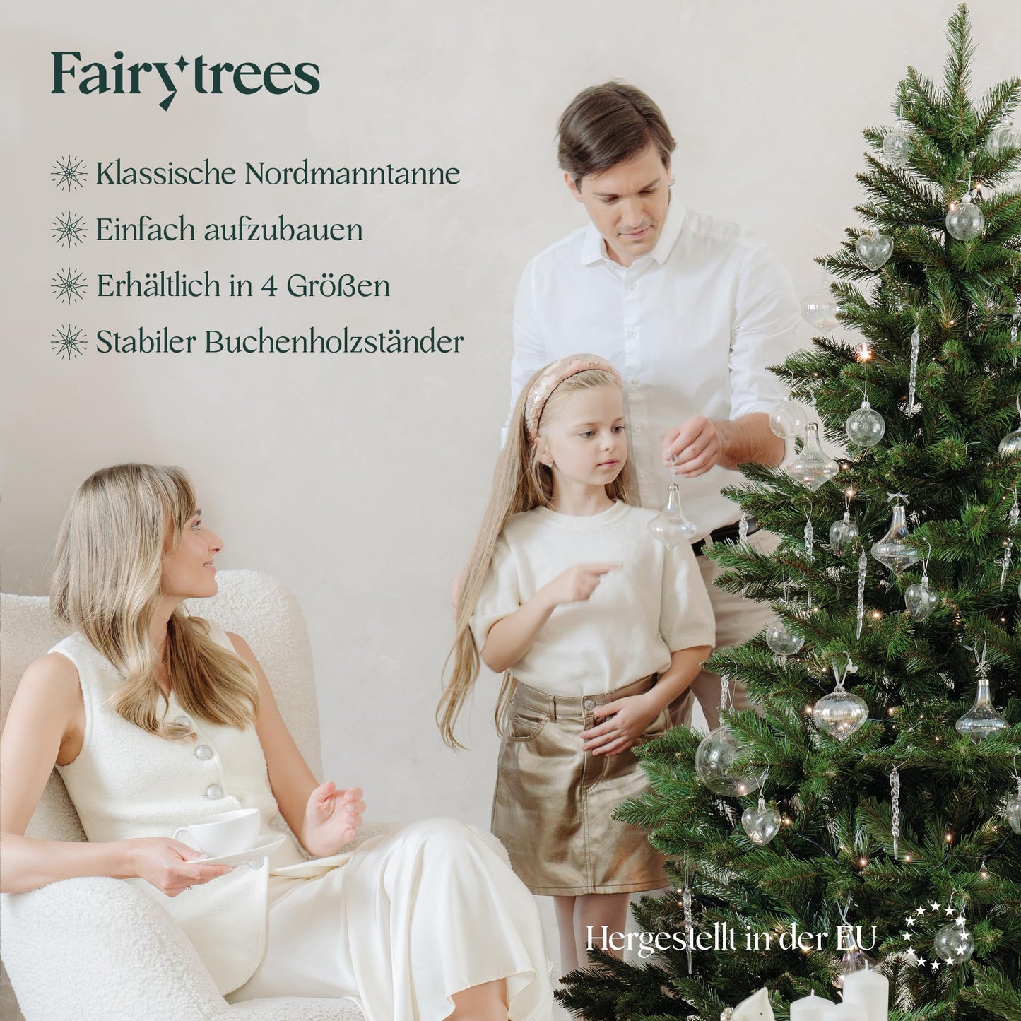 FAIRYTREES artificial Christmas tree NORDMANNTANNE, green trunk, PVC material, incl. wooden stand, FT14