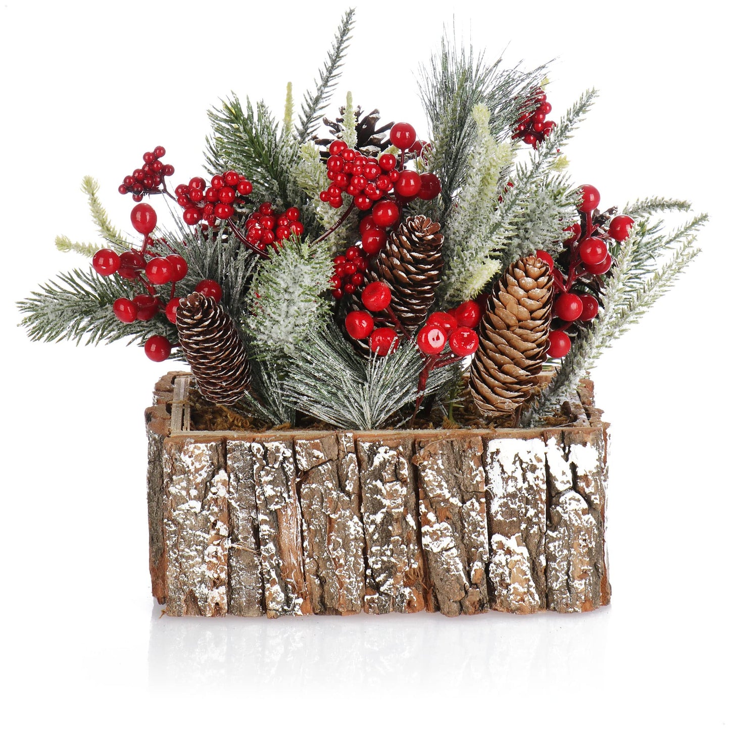 com-four® Christmas Decoration - Small wintery table decoration in a bark pot with red berries, decorative snow, and pine cones. Great table decoration for the Advent season (1 piece - 25cm - red berries)