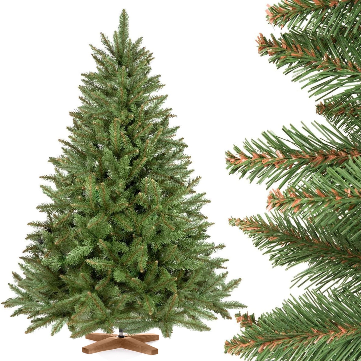 FairyTrees artificial Christmas tree 150cm SPRUCE Nature with tree stand made of real wood | Artificial fir tree with green trunk | Made in EU
