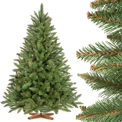 FairyTrees artificial Christmas tree 150cm SPRUCE Nature with tree stand made of real wood | Artificial fir tree with green trunk | Made in EU