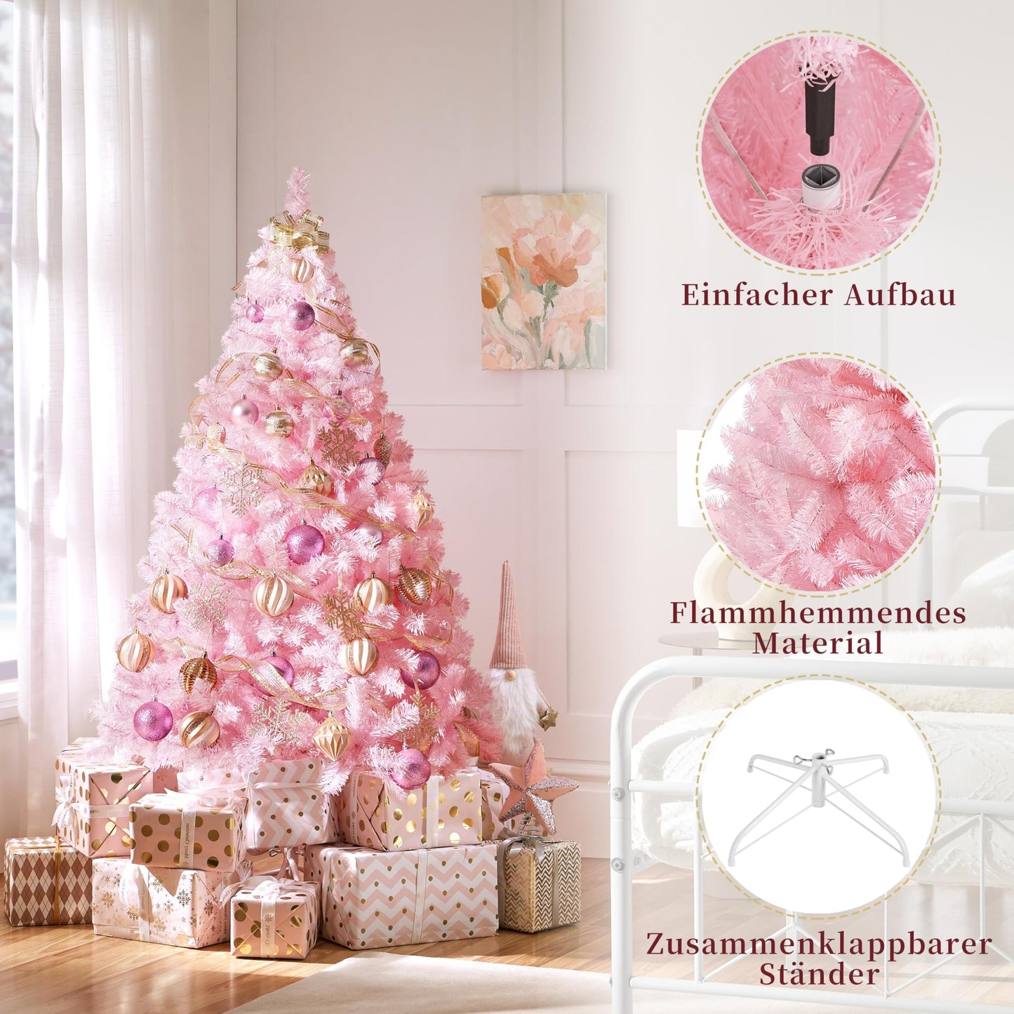 Yaheetech 154cm Artificial Christmas Tree Pink, Fir Tree with 398 Tips & Foldable Metal Stand Reusable Christmas Tree Artificial Tree for Christmas Decoration.