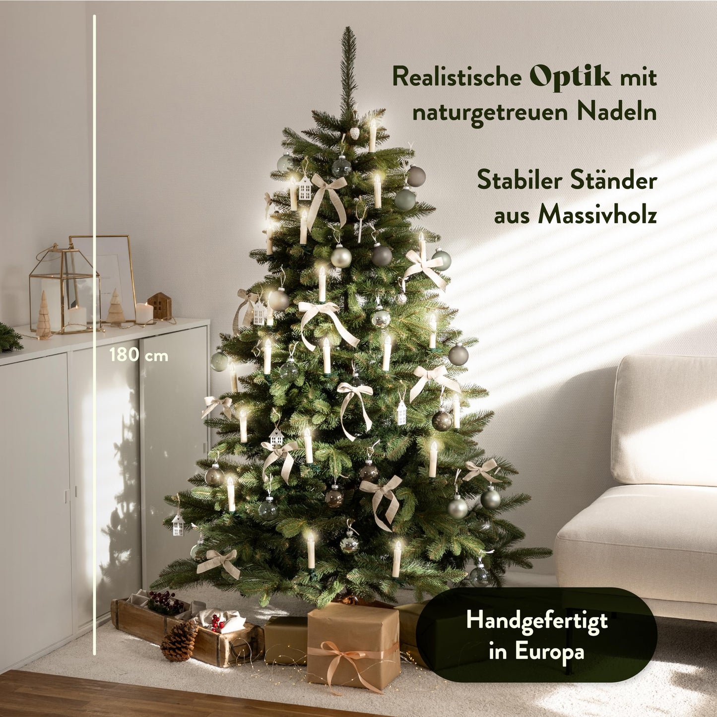 Håvn® Premium Artificial Christmas Tree (180cm Nordlys) | Realistic appearance, dense branches, includes wooden stand & storage bag - High-quality fir tree