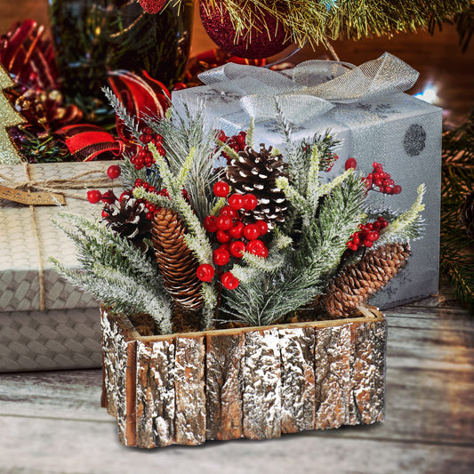 com-four® Christmas Decoration - Small wintery table decoration in a bark pot with red berries, decorative snow, and pine cones. Great table decoration for the Advent season (1 piece - 25cm - red berries)
