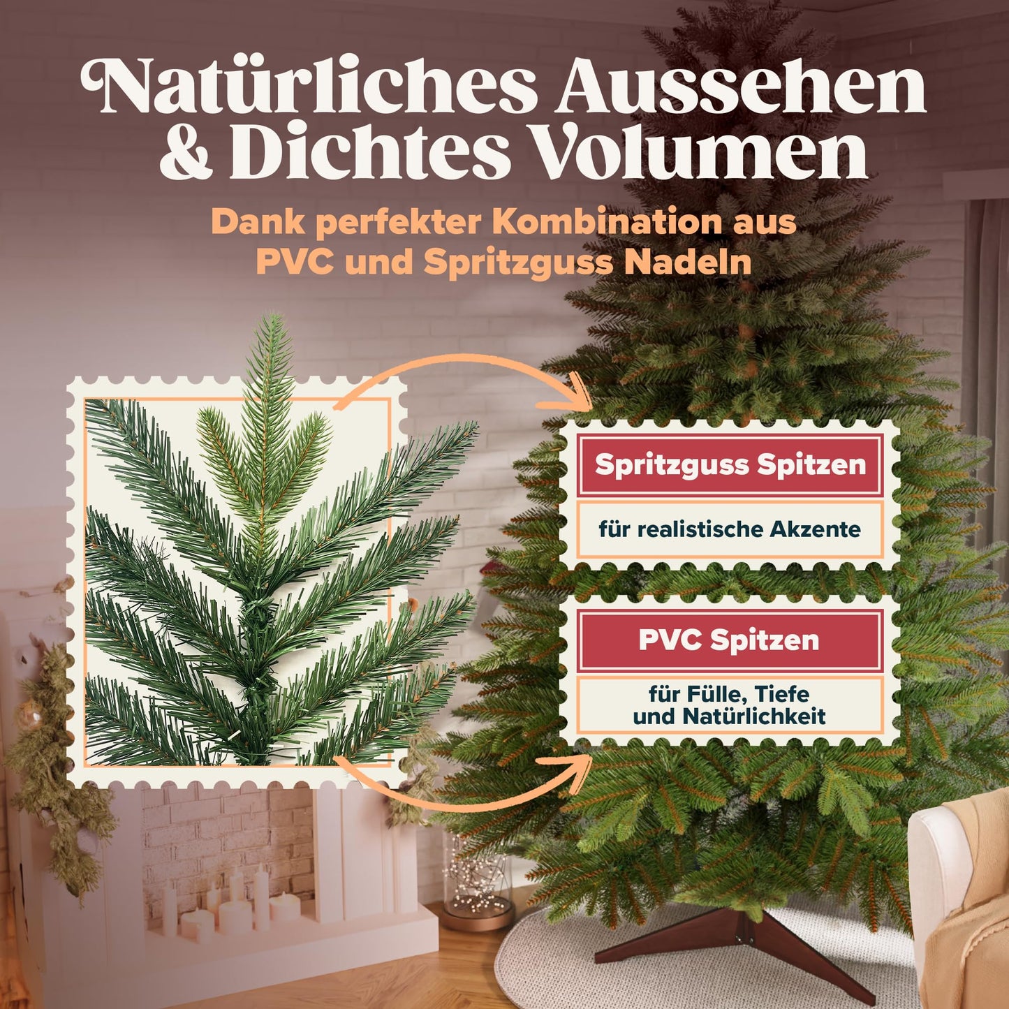 Premium artificial Christmas tree 250cm - AWARD WINNER 10 years WARRANTY - Realistic, dense branches, Artificial Christmas tree with wooden stand - Artificial fir tree by Pure Living