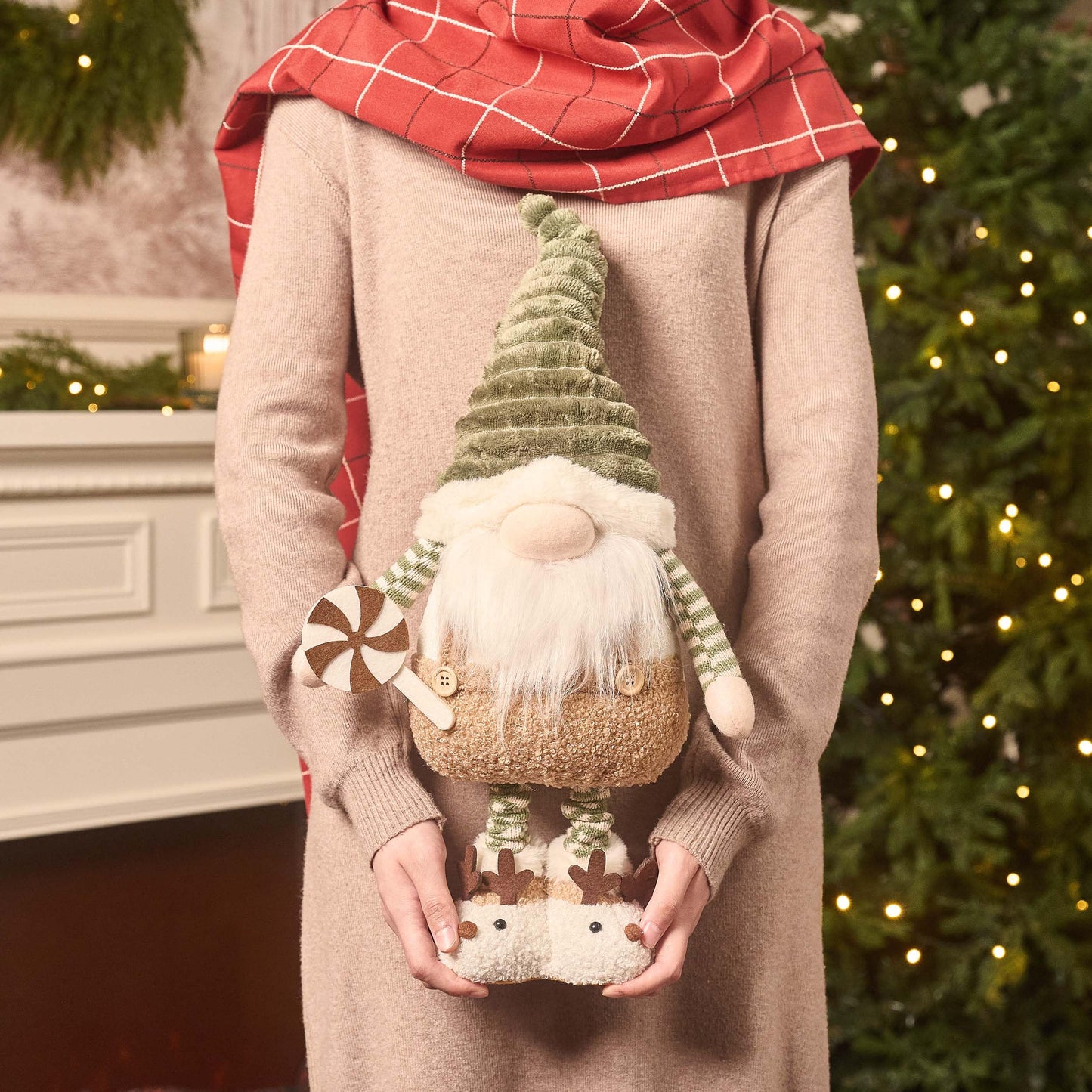 VALERY MADELYN Christmas Elf for Christmas Decoration, 64cm Christmas Gnome Green Brown, Adjustable Legs, Indoor House Christmas Dwarf, Christmas Ornament Decorations