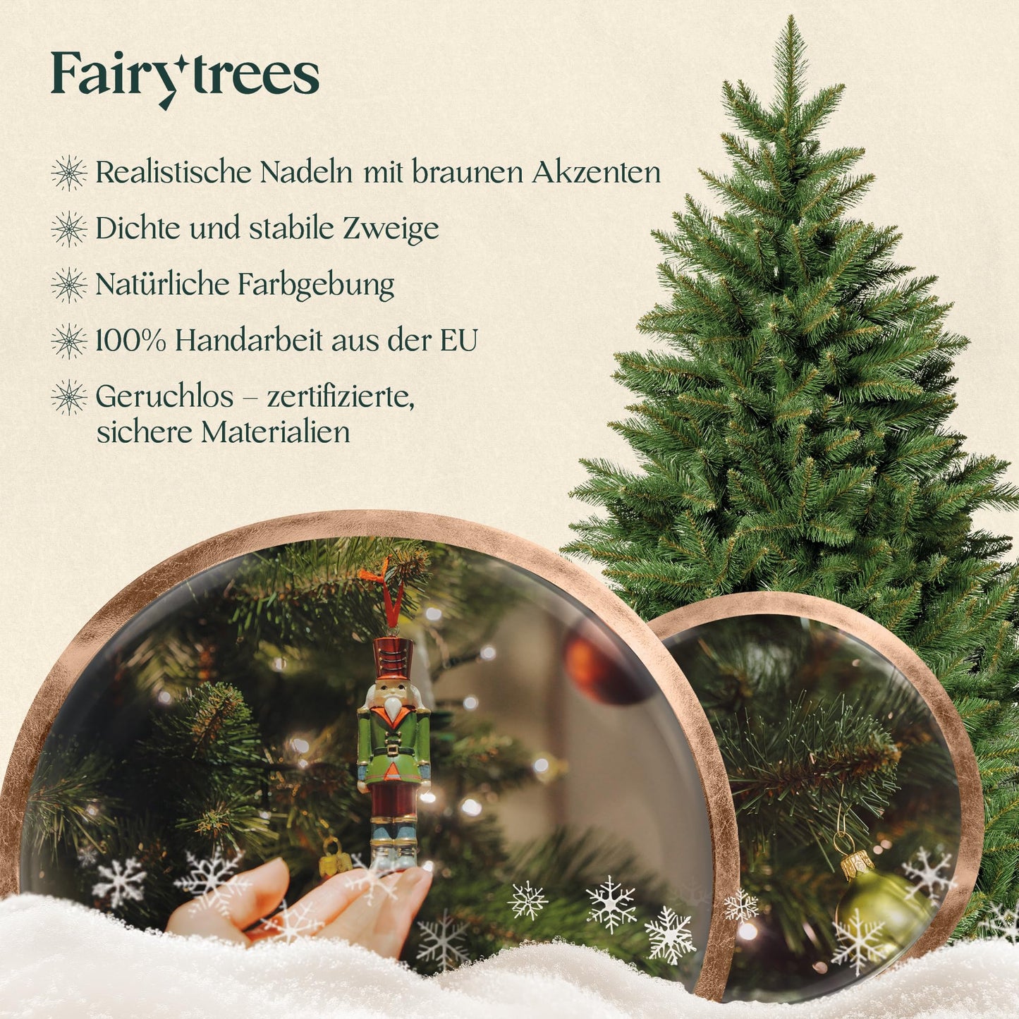 FAIRYTREES artificial Christmas tree NORDMAN FIR, green trunk, PVC material, including wooden stand, FT14